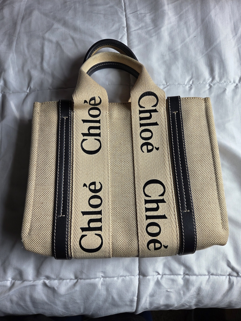 Chloé Beige Canvas Tote with Black Trim and Logo